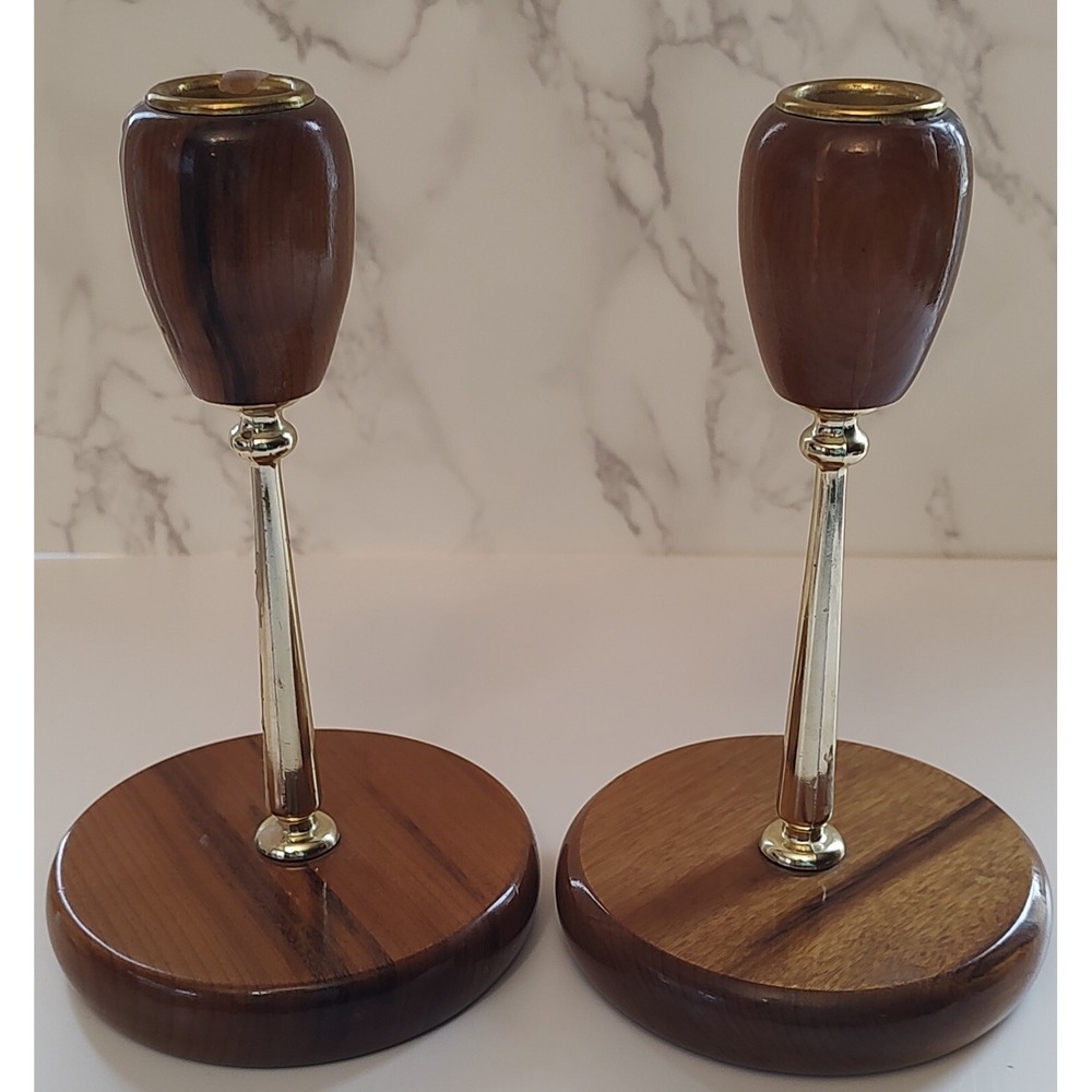 VTG Myrtle Wood Candlesticks Pair Of MCM Metal Taper Candle Holders 6.5" S14